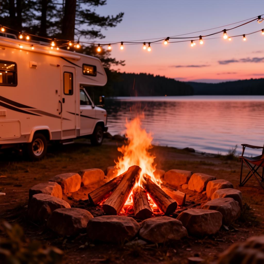 Lakeside campfire at twilight